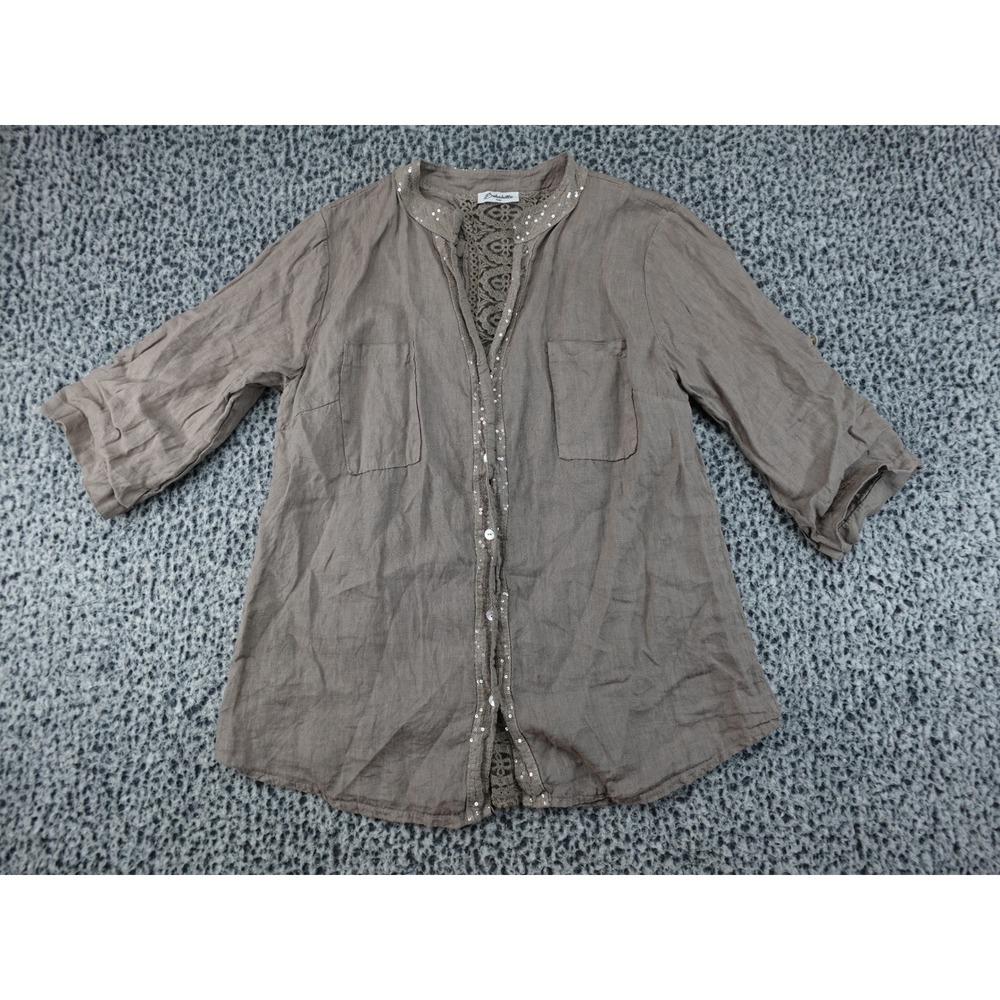 Bohabille Paris Linen Blouse Women Large Taupe Good Lace Sequin Italy